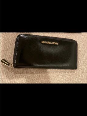 Michael Kors Black Patent Zip-Around Wallet with Gold Logo